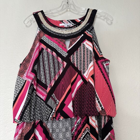 Women’s Liquid Knit Dress Embellished Multicolor Long Sleeveless Geometric Sz L - Picture 8 of 16